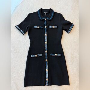 Make Knit Black and Blue Trim Pockets Collar Mini Dress